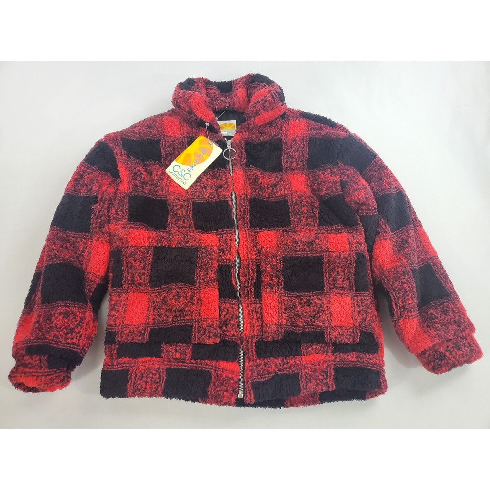 C&C California women jacket coat OLYA231H red black faux fur pockets S $98